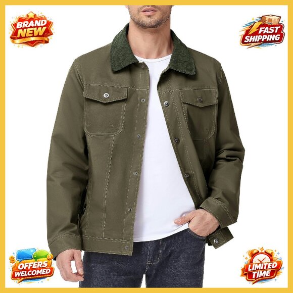 Men's Cotton Canvas Trucker Jacket Corduroy Collar Flannel Lined Workwear